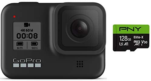 GoPro HERO8 Black Waterproof Action Camera with Touch Screen 4K Ultra HD Video 12MP Photos 1080p Live with Accessory Bundle - 1 Additional GoPro USA Batteries + PNY 64GB U3 microSDHC Card