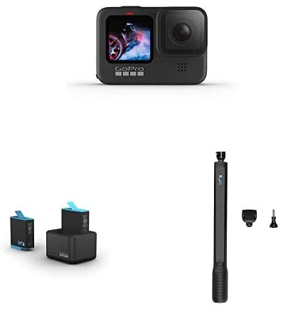 GoPro Hero9 Black Waterproof Action Camera Bundle, Includes Dual Battery Charger, Carrying Case, El Grance Extension Pole, 2 Batteries