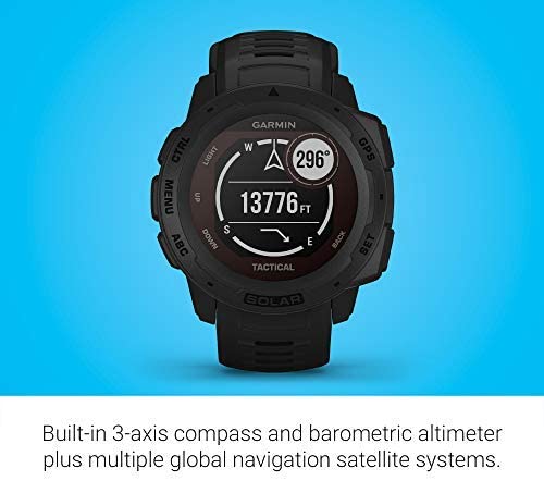 Garmin Instinct Tactical, Rugged GPS Watch, Tactical Specific Features, Shock and Water Resistance, Black + Signature Series 6.5’ Fitness Stretching Pull Up Resistance Band – Dark Grey