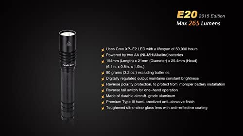 Fenix E20 2015 265 Lumen XP-E2 LED Tactical Flashlight with Two EdisonBright AA Alkaline Batteries