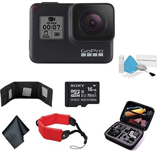 GoPro HERO7 (Black) Waterproof Digital Action Camera with Touch Screen 4K HD Video 12MP Photos Live Streaming Stabilization - Bundle with 16GB Memory Card + Floating Wrist Strap