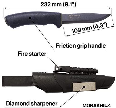 Morakniv Bushcraft Carbon Steel Survival Knife with Fire Starter and Sheath, 4.3-Inch, Black
