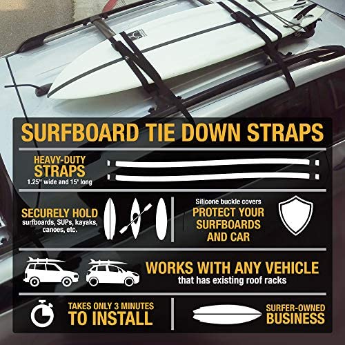 Ho Stevie! Surfboard Tie Down Straps 'No Scratch' 15ft (Pair) for Car Truck SUV with roof Racks - for SUP, Kayak, Canoe Also