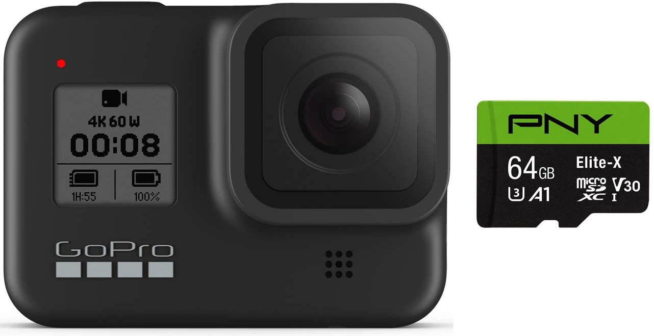 GoPro HERO8 Black Waterproof Action Camera with Touch Screen 4K Ultra HD Video 12MP Photos 1080p Live with Accessory Bundle - 1 Additional GoPro USA Batteries + PNY 64GB U3 microSDHC Card