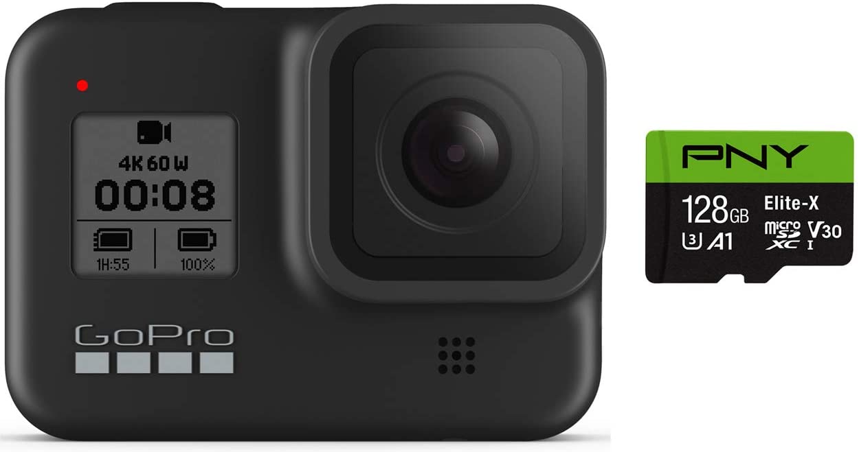 GoPro HERO8 Black Waterproof Action Camera with Touch Screen 4K Ultra HD Video 12MP Photos 1080p Live with Accessory Bundle - 1 Additional GoPro USA Batteries + PNY 64GB U3 microSDHC Card