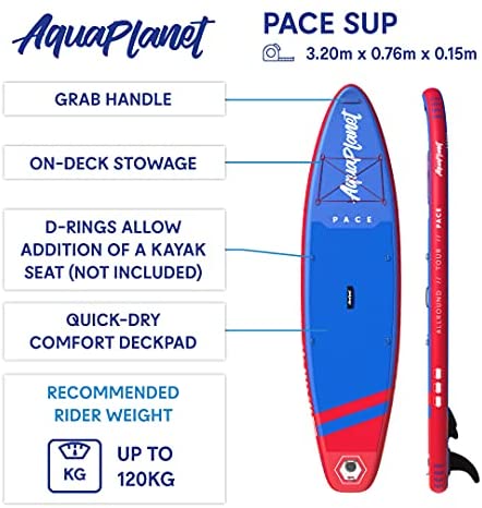 Aquaplanet 10ft 6" x 15cm PACE Stand Up Paddleboard - Incl: SUP, Hand Air Pump w/Pressure Gauge, Adjustable Aluminum Floating Paddle, Repair Kit, Rucksack, Coiled Leash & 4 Kayak Seat Ring Fittings