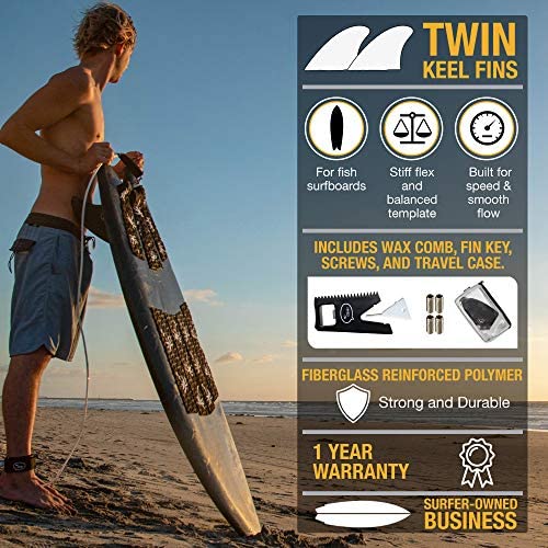 Ho Stevie! Surfboard Twin Keel Fins (2 Fins) - FCS or Futures Sizes, with Fin Bag, Screws, Wax Comb and Fin Key - Fins for Fish Surf Boards