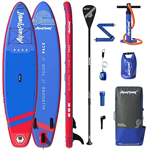 Aquaplanet 10ft 6" x 15cm PACE Stand Up Paddleboard - Incl: SUP, Hand Air Pump w/Pressure Gauge, Adjustable Aluminum Floating Paddle, Repair Kit, Rucksack, Coiled Leash & 4 Kayak Seat Ring Fittings