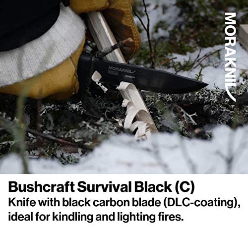 Morakniv Bushcraft Carbon Steel Survival Knife with Fire Starter and Sheath, 4.3-Inch, Black