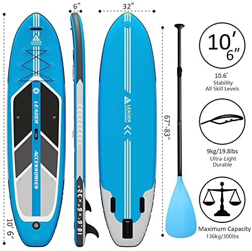 Leader Accessories 10'6" Inflatable Stand Up Paddleboard with Fins (6" Thick) Includes Adjustable Paddle,Kayak Leash,ISUP Backpack, Non-Slip Deck