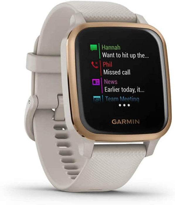Garmin 010-02426-01 Venu SQ Music Edition - Light Sand with Rose Gold Bezel Bundle with Deco Essentials 2600mAh Portable Power Bank (Black Twist) and Deco Gear Magnetic Wireless Sport Earbuds