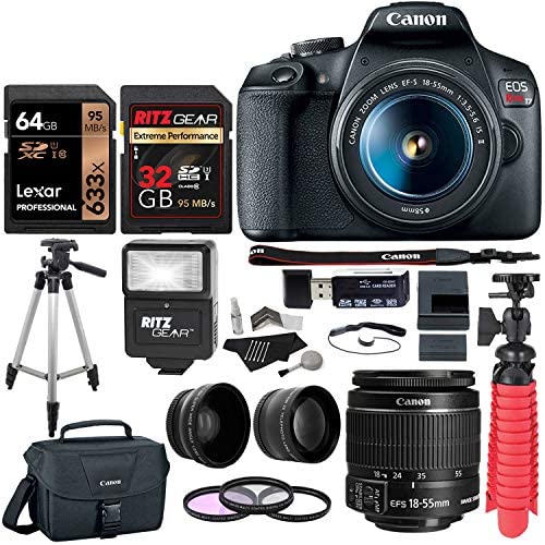 Canon EOS Rebel T7 24MP Camera with EF-S 18-55mm is II Lens, 2 Memory Cards, Slave Flash, 50" Tripod, Camera Bag, Cleaning Kit and Memory Card Reader/Writer Bundle