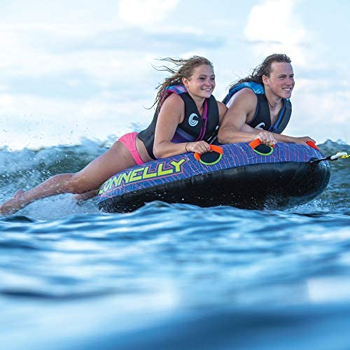 Connelly Double Play 60 Inch Diameter 2 Person Inflatable Platform Deck Boat Towable Lake Water Inner Tube, Blue and Orange