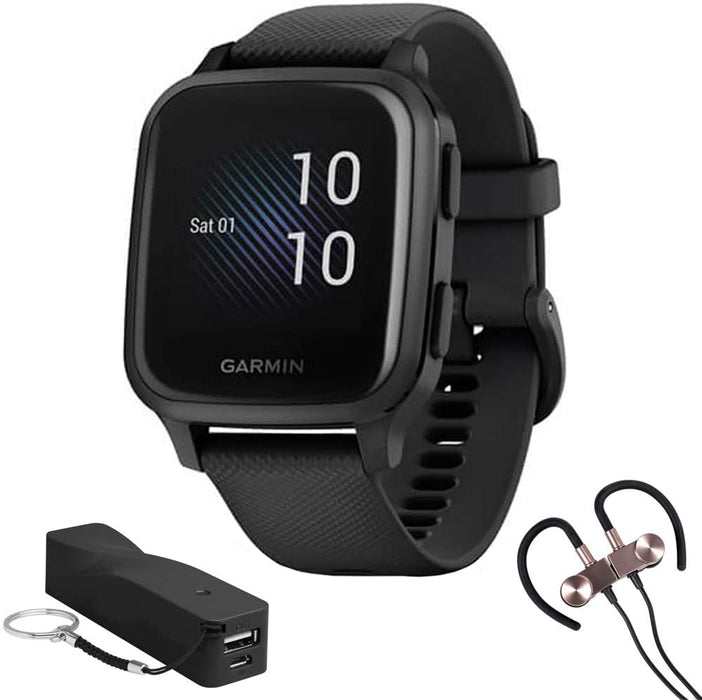 Garmin 010-02426-01 Venu SQ Music Edition - Light Sand with Rose Gold Bezel Bundle with Deco Essentials 2600mAh Portable Power Bank (Black Twist) and Deco Gear Magnetic Wireless Sport Earbuds