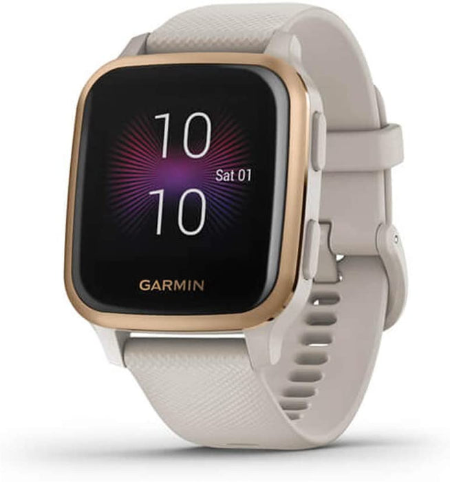 Garmin 010-02426-01 Venu SQ Music Edition - Light Sand with Rose Gold Bezel Bundle with Deco Essentials 2600mAh Portable Power Bank (Black Twist) and Deco Gear Magnetic Wireless Sport Earbuds
