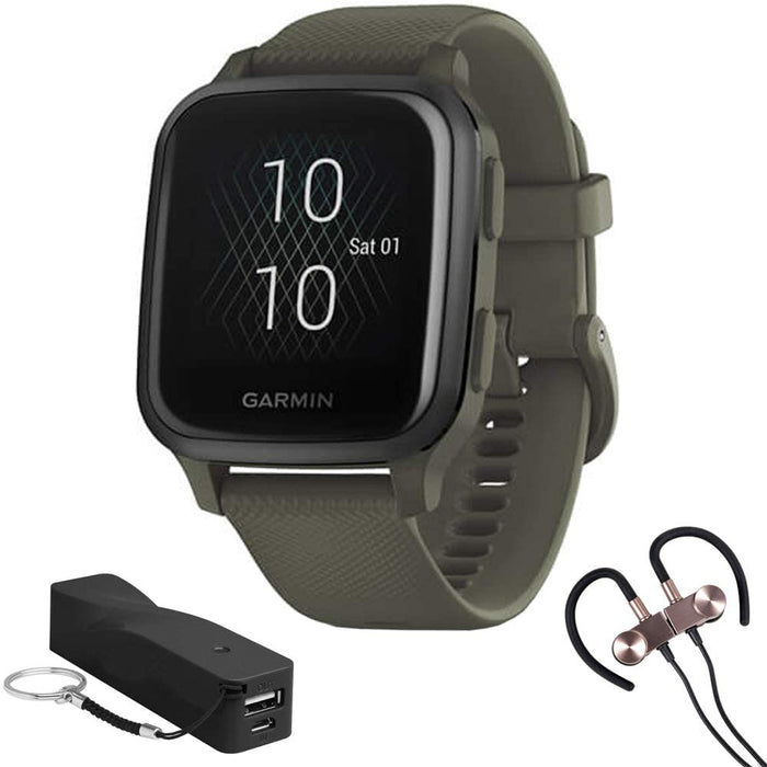 Garmin 010-02426-01 Venu SQ Music Edition - Light Sand with Rose Gold Bezel Bundle with Deco Essentials 2600mAh Portable Power Bank (Black Twist) and Deco Gear Magnetic Wireless Sport Earbuds
