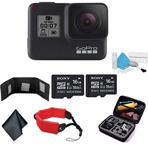 GoPro HERO7 (Black) Waterproof Digital Action Camera with Touch Screen 4K HD Video 12MP Photos Live Streaming Stabilization - Bundle with 2X 16GB Memory Cards + Floating Strap + More