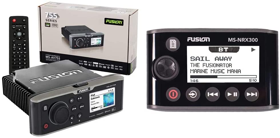 Fusion MS-AV755 Marine Entertainment Radio DVD/CD with Bluetooth & Garmin 010-01628-00 NRX300, Fusion, Remote, 2.13"