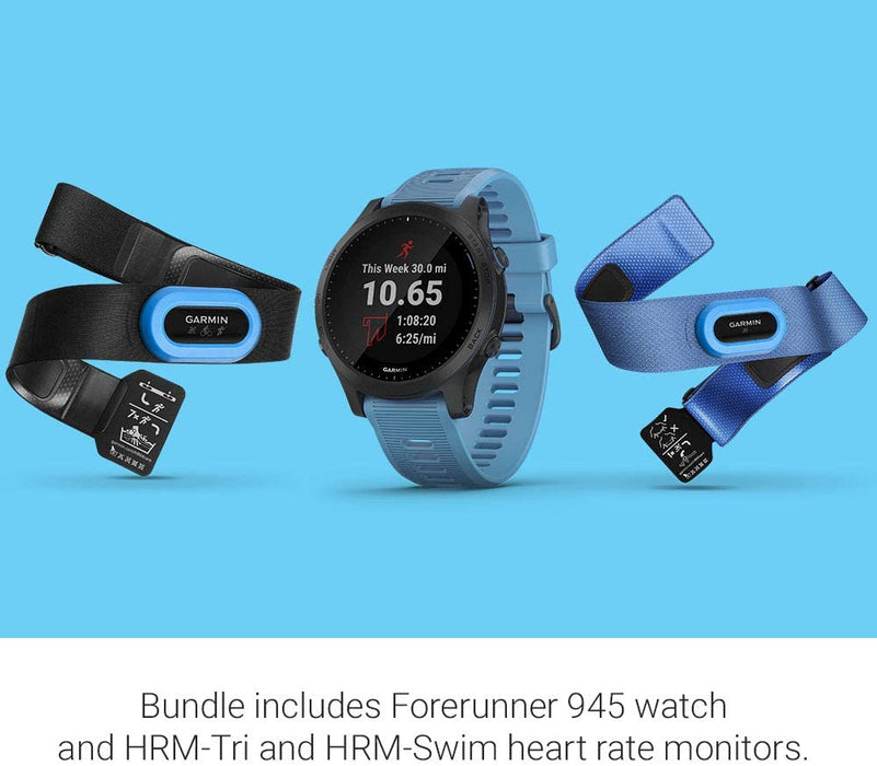 Garmin Forerunner 945 Bundle, Premium GPS Running/Triathlon Smartwatch with Music, Blue & Forerunner 945 Replacement Band - Black