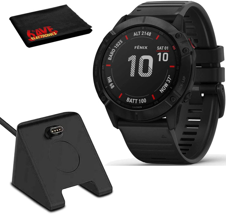 Garmin Fenix 6X Pro, Premium Multisport Smartwatch (Black/Black Band) PulseOx, PacePro, Maps, Spotify Music Includes Charging Stand