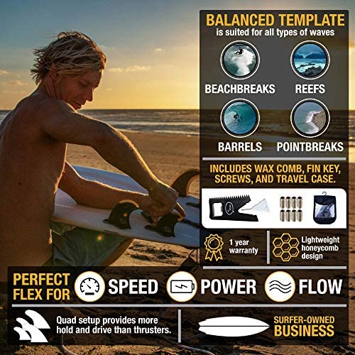 Ho Stevie! Quad Surfboard Fins (4 Fins) - FCS or Future Sizes, with Fin Bag, Screws, Wax Comb and Fin Key