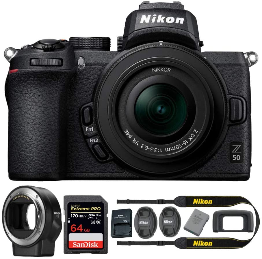 Nikon Z 50 DX-Format Mirrorless Camera with NIKKOR Z 16-50mm Lens, Nikon Mount Adapter, 64GB Card and Accessory Bundle (3 Items)