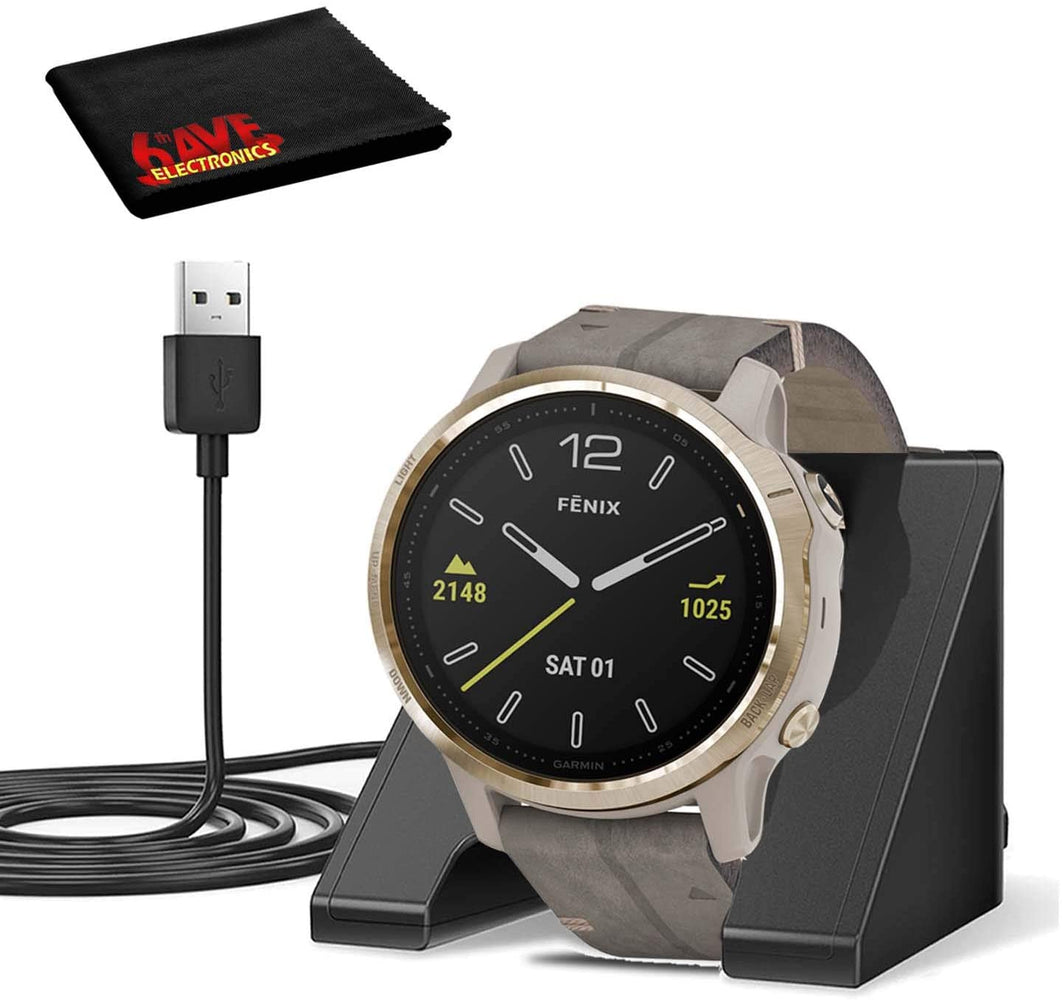 Garmin Fenix 6S Multisport GPS Smartwatch (42mm, Sapphire, Light Gold-Tone/Shale Gray Leather Band) with Charging Stand and Microfiber Cloth