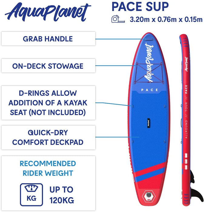 Aquaplanet 10ft 6" x 15cm PACE Stand Up Paddleboard - Incl: SUP, Hand Air Pump w/Pressure Gauge, Adjustable Aluminum Floating Paddle, Repair Kit, Rucksack, Coiled Leash & 4 Kayak Seat Ring Fittings