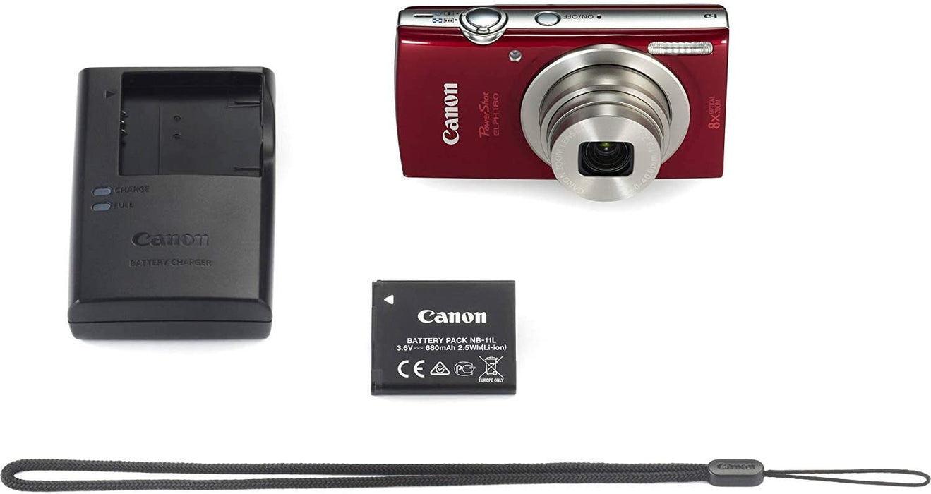 Canon PowerShot ELPH 180 Digital Camera (Red) + 16GB SDHC Memory Card + Mini Table Tripod +Protective camera case with Deluxe Cleaning Bundle