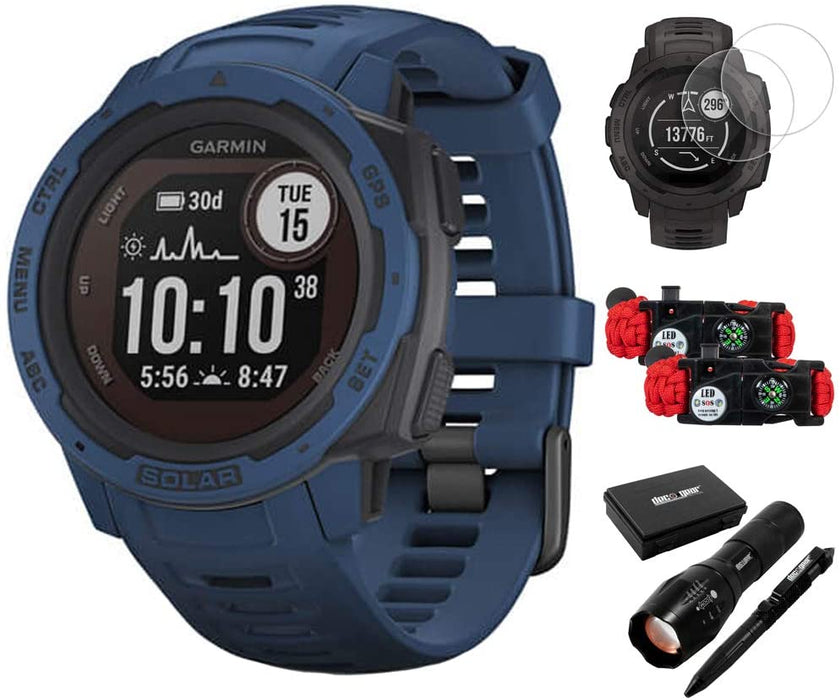 Garmin 010-02293-11 Instinct Solar Rugged Outdoor Watch with GPS Tidal Blue Bundle with Screen Protector 2-Pack