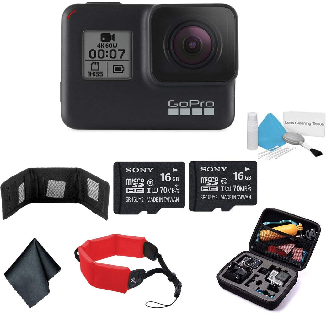 GoPro HERO7 (Black) Waterproof Digital Action Camera with Touch Screen 4K HD Video 12MP Photos Live Streaming Stabilization - Bundle with 2X 16GB Memory Cards + Floating Strap + More