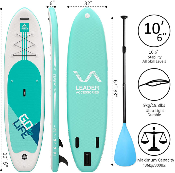 Leader Accessories 10'6" Inflatable Stand Up Paddleboard with Fins (6" Thick) Includes Adjustable Paddle,Kayak Leash,ISUP Backpack, Non-Slip Deck