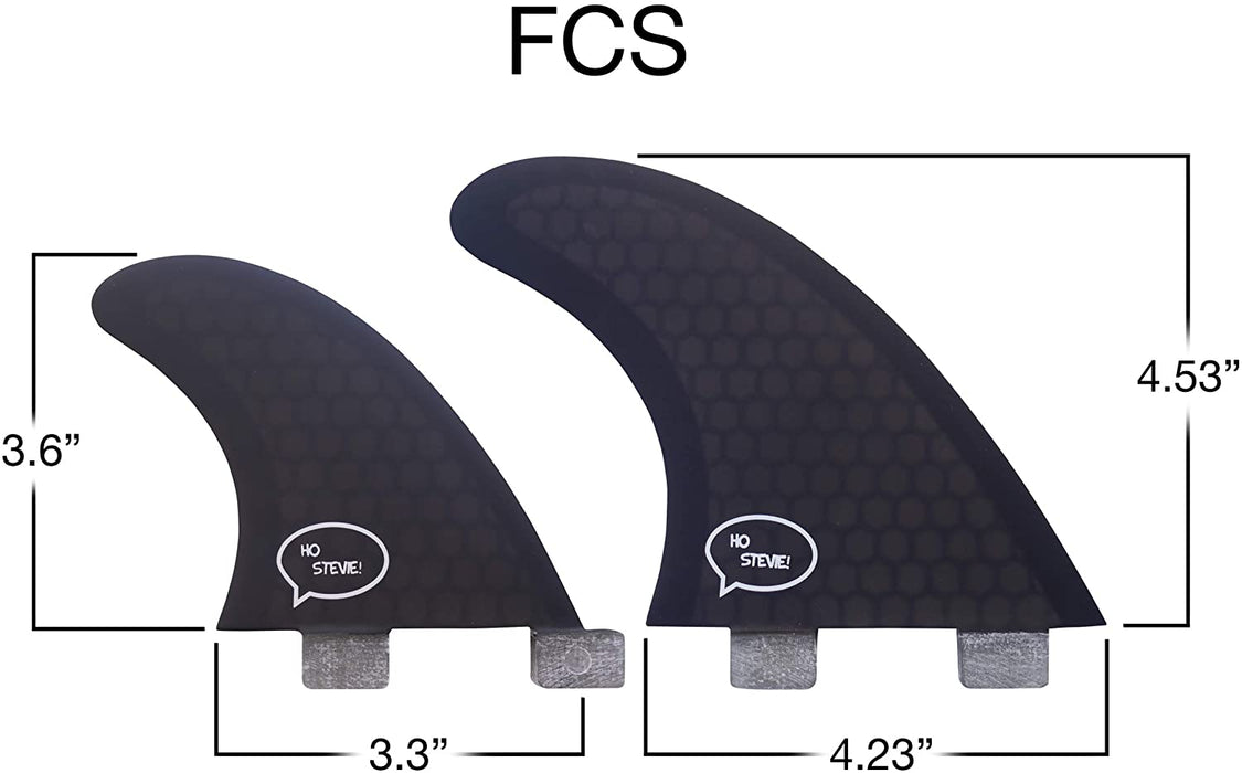 Ho Stevie! Quad Surfboard Fins (4 Fins) - FCS or Future Sizes, with Fin Bag, Screws, Wax Comb and Fin Key