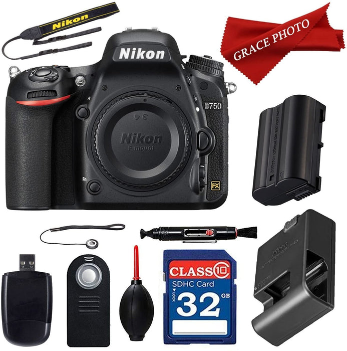 Nikon D750 24.3MP HD 1080p FX-Format Digital SLR Camera (Body Only) and Deluxe Accessory Bundle (10 Items)