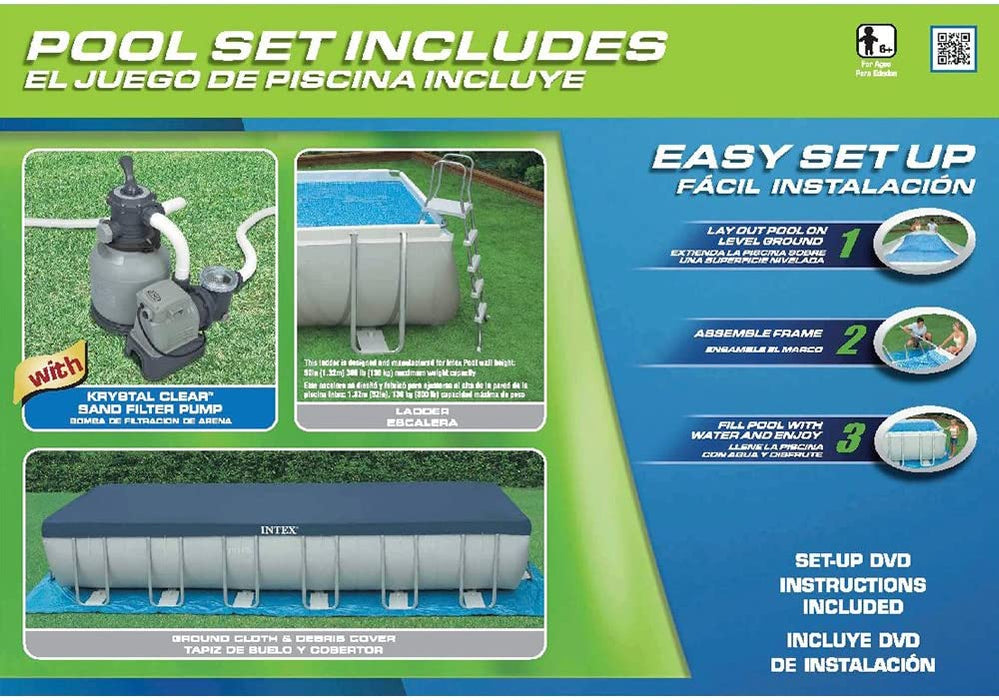 Intex 24ft X 12ft X 52in Ultra Frame Rectangular Pool Set with Sand Filter Pump, Ladder, Ground Cloth & Pool Cover