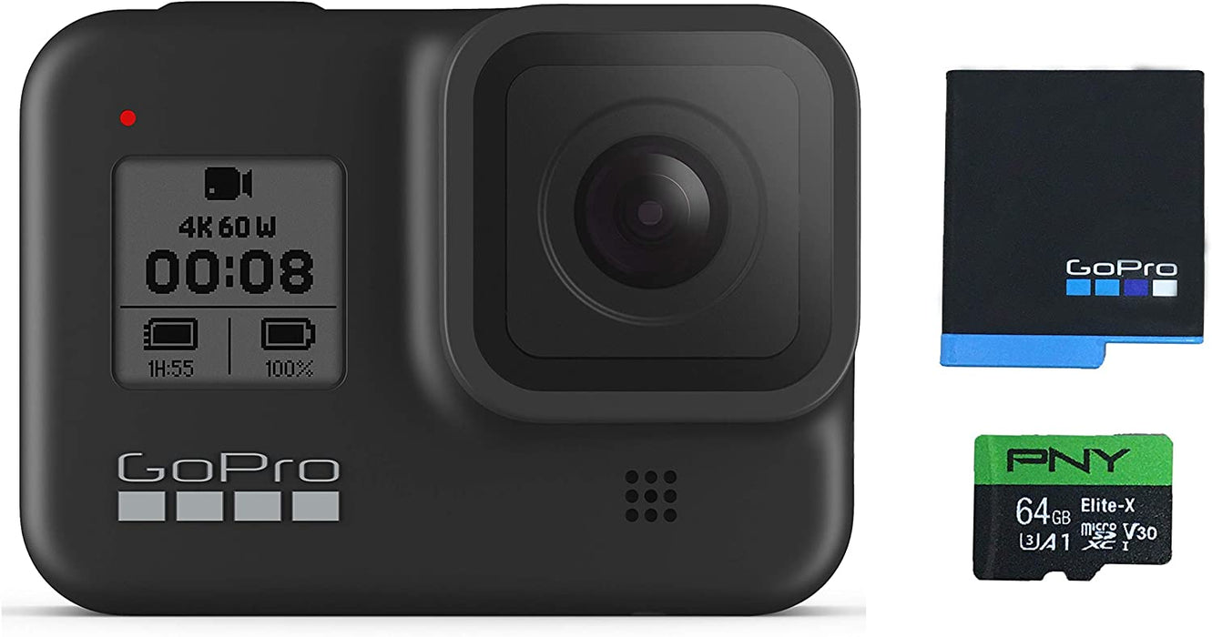 GoPro HERO8 Black Waterproof Action Camera with Touch Screen 4K Ultra HD Video 12MP Photos 1080p Live with Accessory Bundle - 1 Additional GoPro USA Batteries + PNY 64GB U3 microSDHC Card
