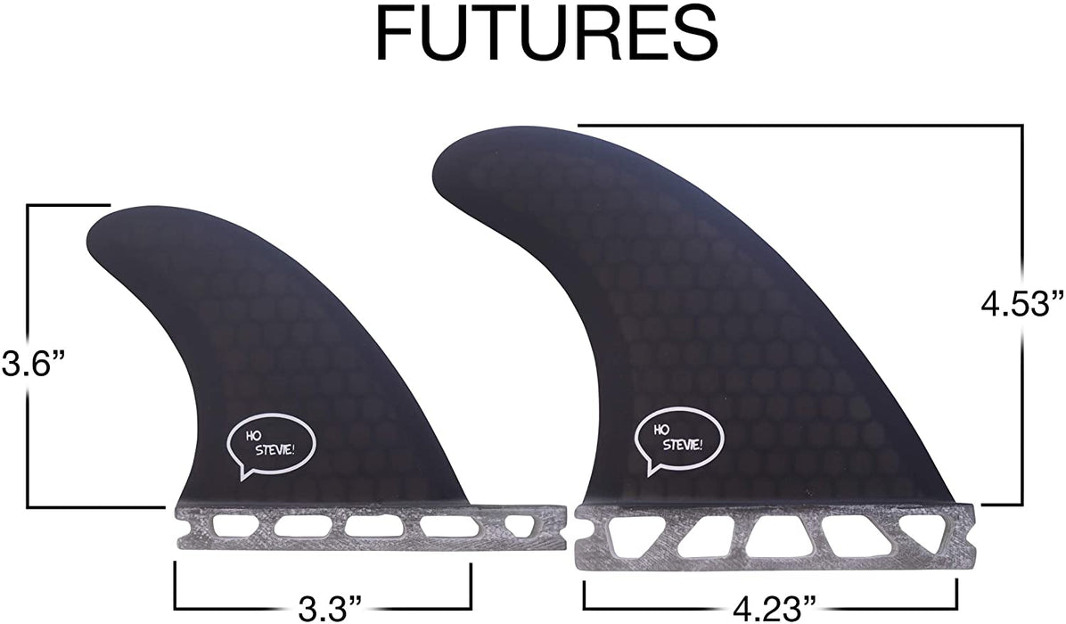 Ho Stevie! Quad Surfboard Fins (4 Fins) - FCS or Future Sizes, with Fin Bag, Screws, Wax Comb and Fin Key