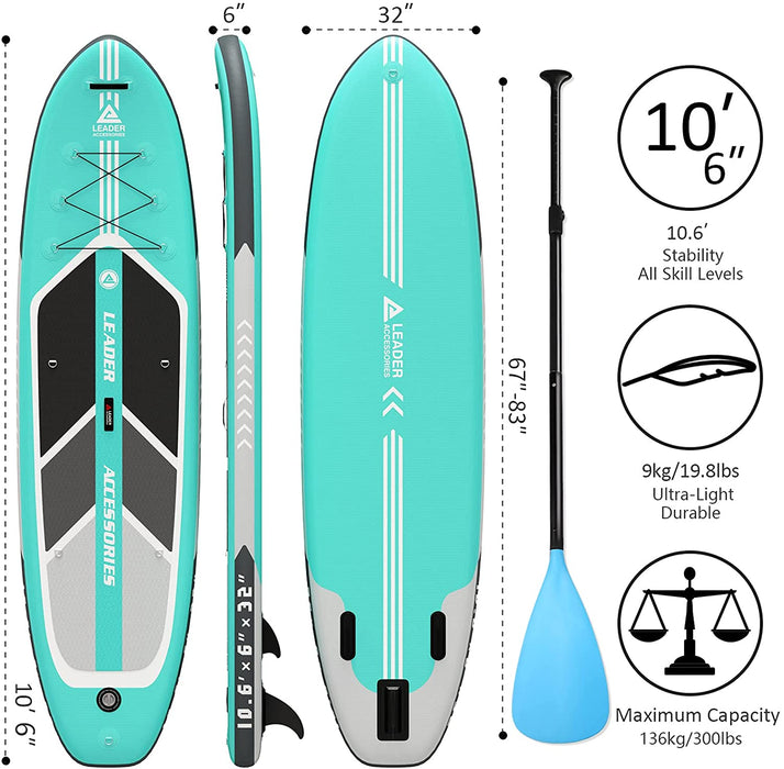 Leader Accessories 10'6" Inflatable Stand Up Paddleboard with Fins (6" Thick) Includes Adjustable Paddle,Kayak Leash,ISUP Backpack, Non-Slip Deck