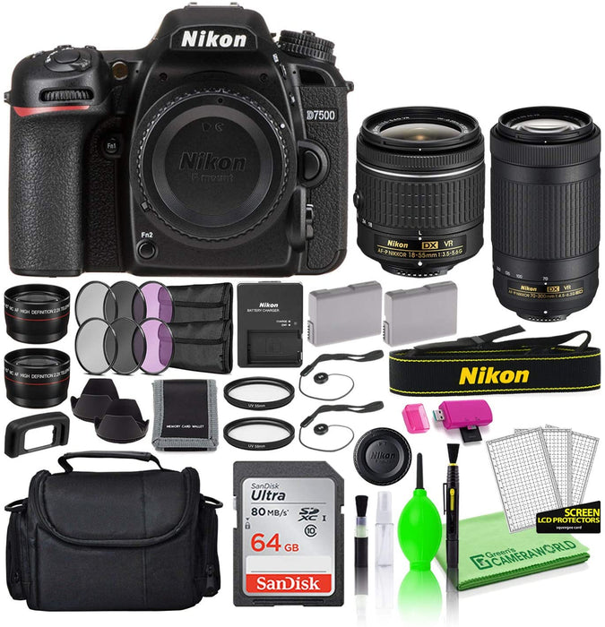 Nikon D7500 20.9MP DSLR Digital Camera with 18-55mm and 70-300mm Lenses (13543) USA Model Deluxe Bundle -Includes- Sandisk 64GB SD Card + Large Camera Bag + Filter Kit + Spare Battery + Telephoto Lens