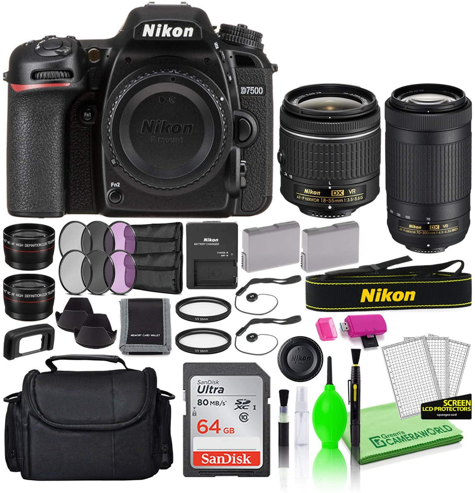 Nikon D7500 20.9MP DSLR Digital Camera with 18-55mm and 70-300mm Lenses (13543) USA Model Deluxe Bundle -Includes- Sandisk 64GB SD Card + Large Camera Bag + Filter Kit + Spare Battery + Telephoto Lens