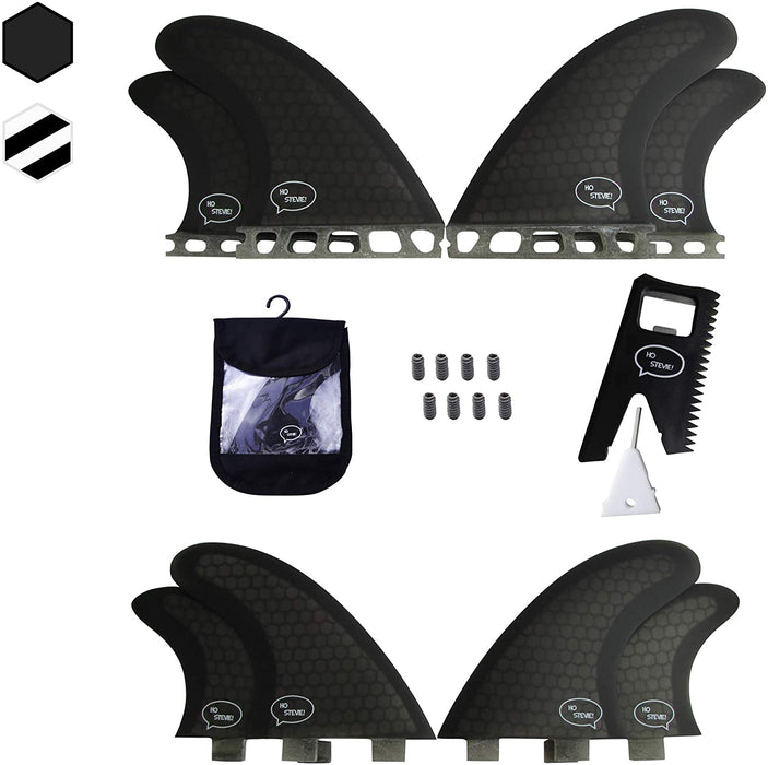 Ho Stevie! Quad Surfboard Fins (4 Fins) - FCS or Future Sizes, with Fin Bag, Screws, Wax Comb and Fin Key