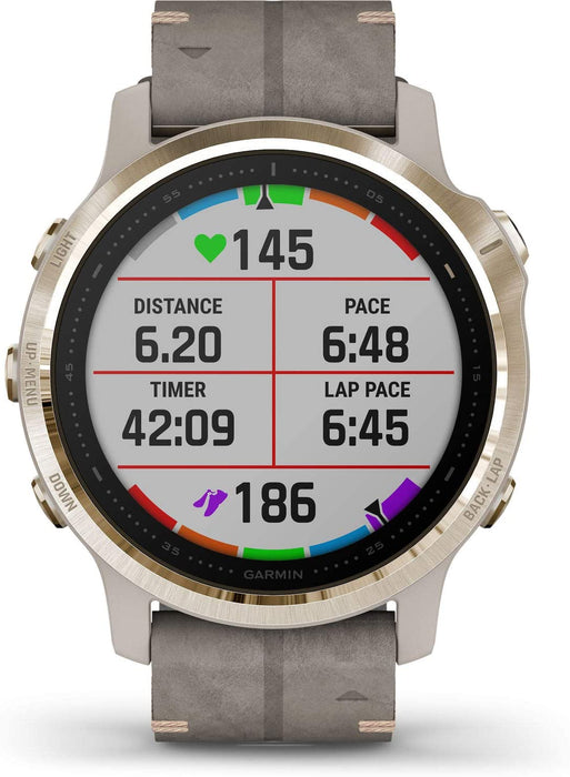Garmin Fenix 6S Multisport GPS Smartwatch (42mm, Sapphire, Light Gold-Tone/Shale Gray Leather Band) with Charging Stand and Microfiber Cloth