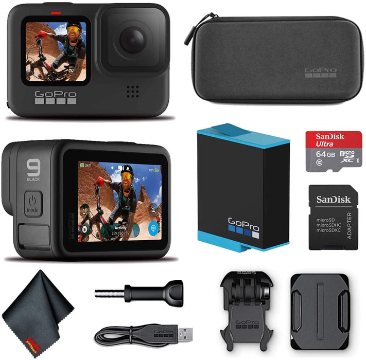 GoPro HERO9 Black - Waterproof Action Camera with Front LCD and Touch Rear Screens, 5K HD Video, 20MP Photos, 1080p Live Streaming, Stabilization + Sandisk 64GB Card and Cleaning Cloth