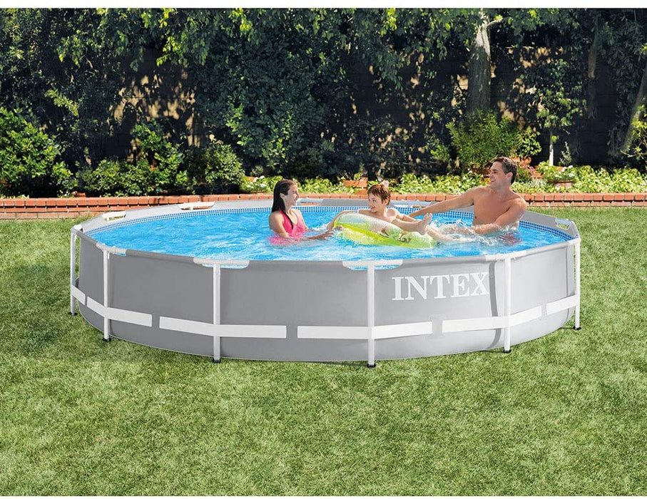 Intex 26711EH 12ft x 30in Prism Metal Frame Above Ground Swimming Pool with Filter Pump and Cleaning Maintenance Kit with Vacuum, Skimmer and Pole
