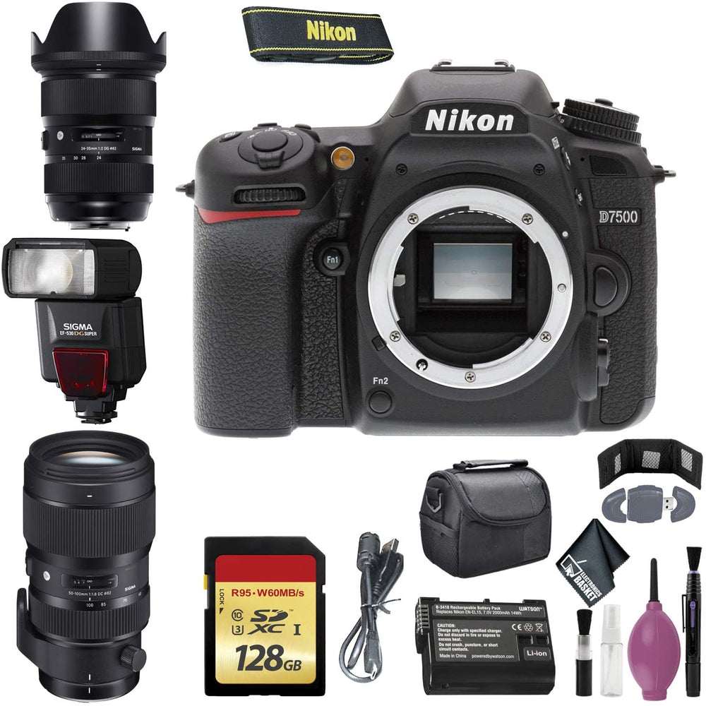 Nikon D7500 DSLR Camera (Body Only) (International Model) - 128GB - Case - EN-EL15 Battery - Sigma EF530 ST - 50-100mm f/1.8 DC HSM Art Lens F - 24-35mm f/2 DG HSM Art Lens F