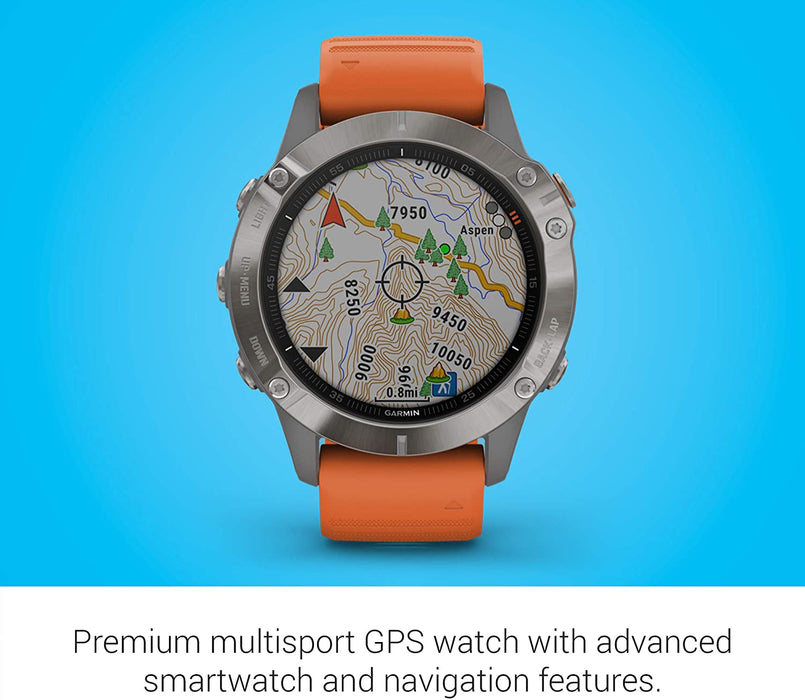 Garmin Fenix 6 Sapphire, Premium Multisport GPS Watch, Features Mapping, Music, Grade-Adjusted Pace Guidance, Titanium with Orange Band & Quickfit 22 Watch Band