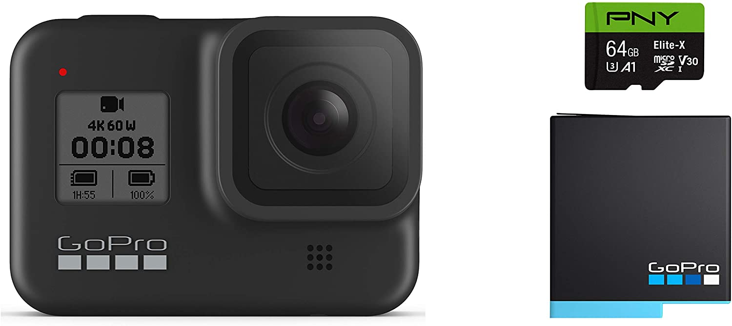 GoPro HERO8 Black Waterproof Action Camera with Touch Screen 4K Ultra HD Video 12MP Photos 1080p Live with Accessory Bundle - 1 Additional GoPro USA Batteries + PNY 64GB U3 microSDHC Card