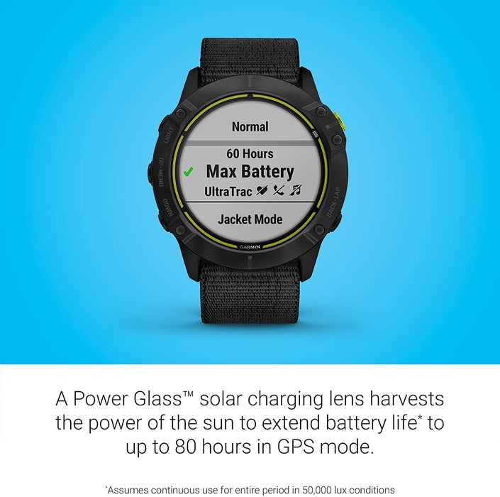 Garmin Enduro, Ultraperformance Multisport GPS Watch, Solar Charging, Battery Life Up to 80 Hours in GPS Mode, Carbon Gray DLC Titanium with Black UltraFit Nylon Band