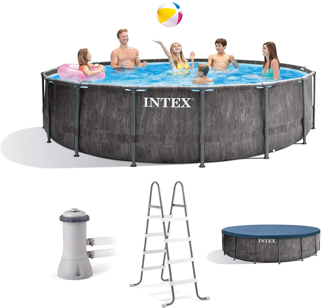 Intex 26741EH 15ft x 48in Greywood Premium Prism Steel Frame Outdoor Above Ground Swimming Pool Set with Cover, Ladder, & Pump