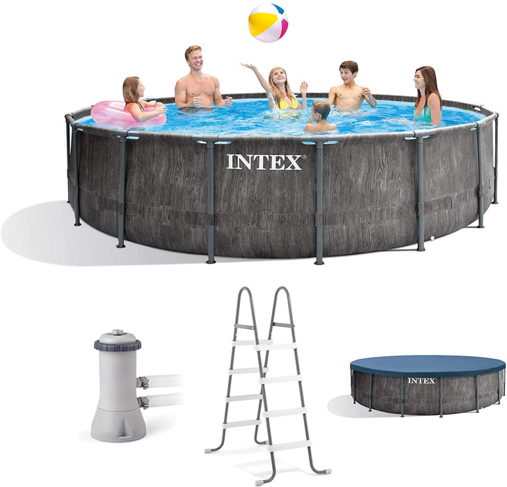 Intex 26741EH 15ft x 48in Greywood Premium Prism Steel Frame Outdoor Above Ground Swimming Pool Set with Cover, Ladder, & Pump